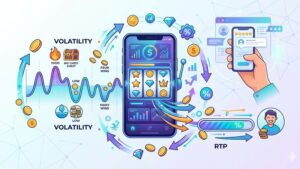 Иллюстрация механизмов мобильных слотов с графиками волатильности и RTP в современном стиле