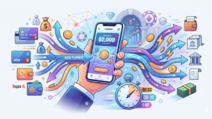 Иллюстрация процесса мобильных платежей в казино: смартфон с иконками монет и стрелками перевода.