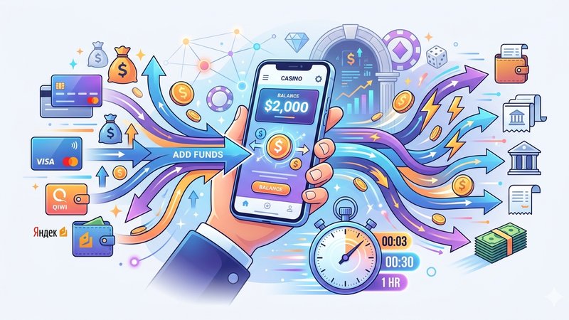 Иллюстрация процесса мобильных платежей в казино: смартфон с иконками монет и стрелками перевода.