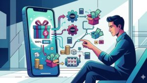 Иллюстрация с элементами казино и математическими формулами для статьи о приветственных бонусах мобильных приложений