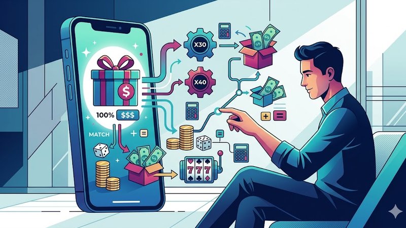 Иллюстрация с элементами казино и математическими формулами для статьи о приветственных бонусах мобильных приложений
